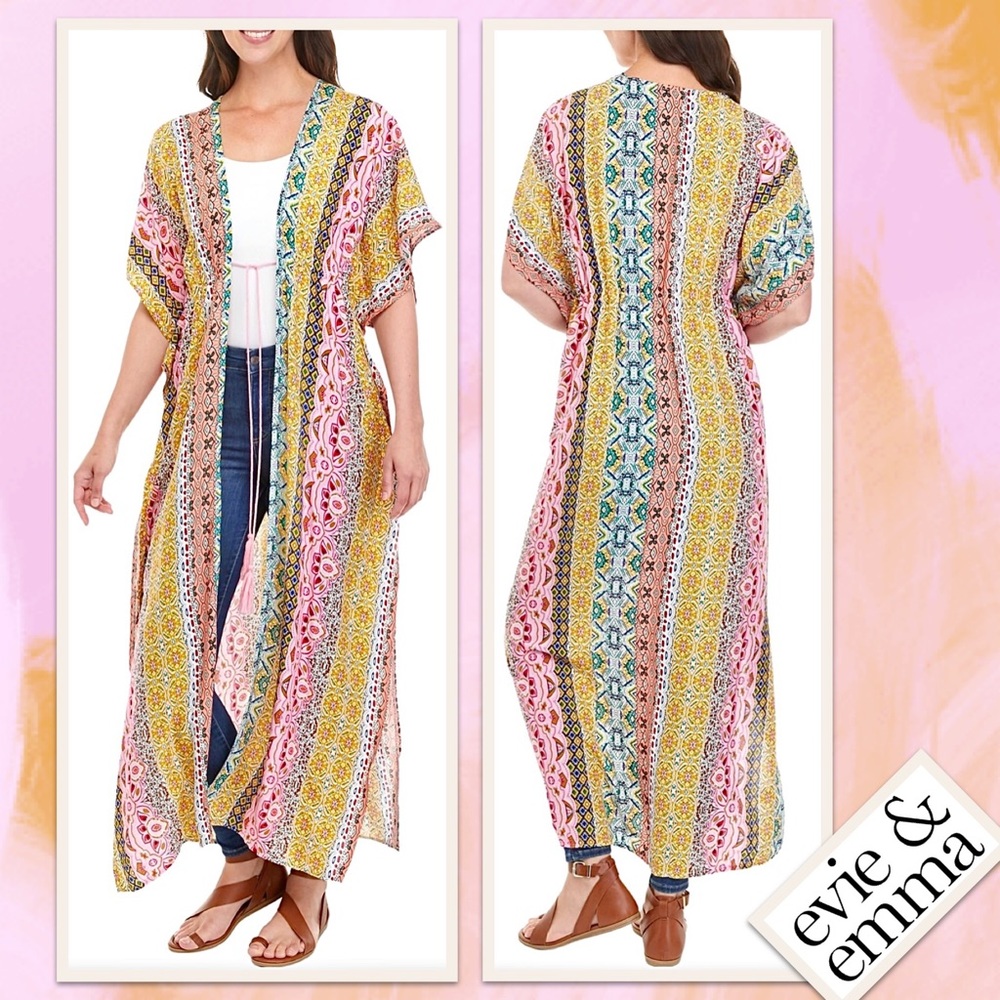Evie & Emma Mixed Stripe Cinch Waist Kimono in Spring Bright NWOT (Pink, Gold)